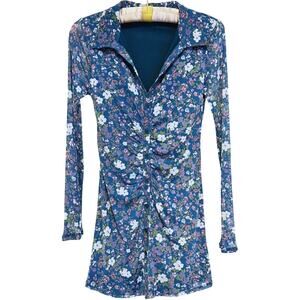 Y2K Cottage Floral Ruched Long Sleeve Shirt Dress Small Blue Preppy Romantic 90s